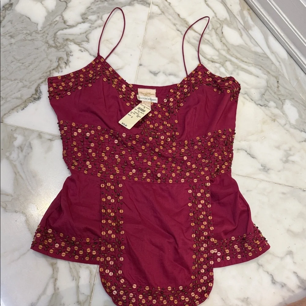 Elegant Tracy Reese for Bergdorf Goodman Burgundy Embellished Women's cotton Top - Picture 3 of 4